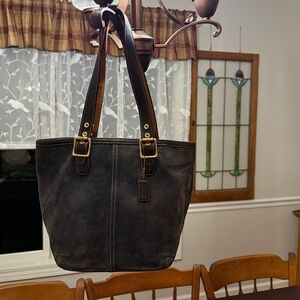 Coach navy suede Leather Tote with brown leather straps beautiful lining bottom.
